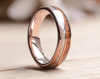 Wedding Band Women 6mm Rose Gold Plated Tungsten Ring With Meteorite And Wood Inlay, Wood Wedding Band, Wedding Bands Women