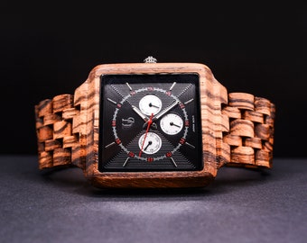 Gift For Men - Personalized Chronograph Zebra Multi-Function Square Wood Watch For Men Gift For Him Gift for boyfriend Fathers Day Gift