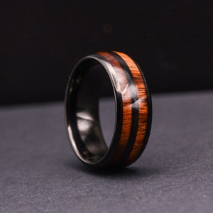 Mens Wood Wedding Band: 8mm Double Koa Wood Inlay Tungsten Wood Ring, Wedding Rings, Anniversary Promise Ring for Him, Mens Tungsten Ring