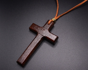 Timeless Wooden Cross Necklace for Men and Women | Handmade Vintage Leather Cord Jewelry, Wood anniversary gifts, gift father, gift for him