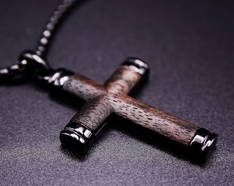 Dark Wooden Cross Necklace For Men- Mens Pendant Necklace-Wood Necklace Pendants for Men, Wood anniversary gifts, Gift for him, Dad gifts