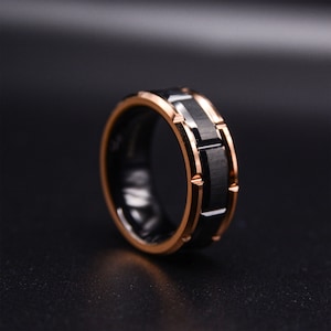 Masculine Charm: Men&#39;s Dark Tungsten Wedding Band with Rose Gold Edge,  Wedding band mens, Mens wedding band, Men rings, Mens wedding rings