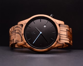 Montres en bois pour hommes, montre en bois de zèbre, montre de garçons d'honneur, montre gravée, cadeaux pour hommes, cadeaux pour lui, cadeaux de Noël, cadeaux personnalisés