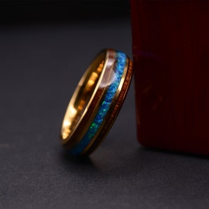 Yellow Gold Tungsten Opal Ring, Wood Wedding Ring, Wooden Ring for women, Wedding Band Women, 6mm Ring Koa Wood, Womens wedding band