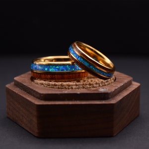 Match His and Hers Yellow Gold Tungsten Rings Opal Ring With Koa Wood Inlay-Anniversary Gifts For Couples, Wedding Band Set,Wedding Ring Set