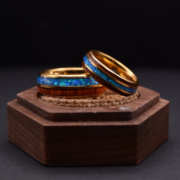 Match His and Hers Yellow Gold Tungsten Rings Opal Ring With Koa Wood Inlay-Anniversary Gifts For Couples, Wedding Band Set,Wedding Ring Set