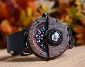 Handmade Compass Wood Watch for Men: Unique and Stylish Timepiece, Engraved Watch, Wooden Watches for Men