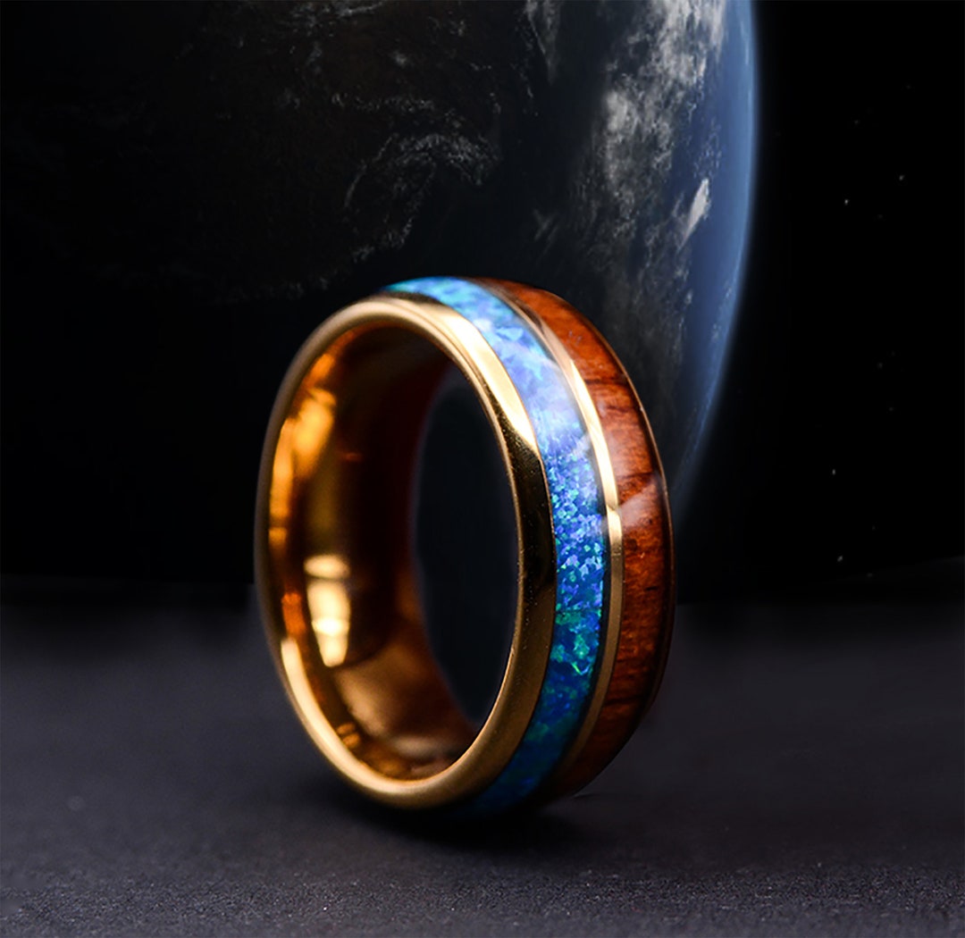 Yellow Gold Tungsten Opal Ring, Opal Wood Ring, Unisex Wedding Ring, Wooden Ring for Men , Wood
