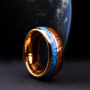 Yellow Gold Tungsten Opal Ring, Opal wood ring, Unisex Wedding Ring, wooden Ring for men , Wood Wedding Band, 8mm Ring Hawaiian Koa Wood