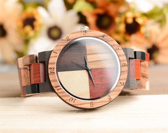 Personalized Gift For Men, Color Block Wooden Watch For Men, Wood Watch Men, Engraved Watch, Wooden Watches for Men