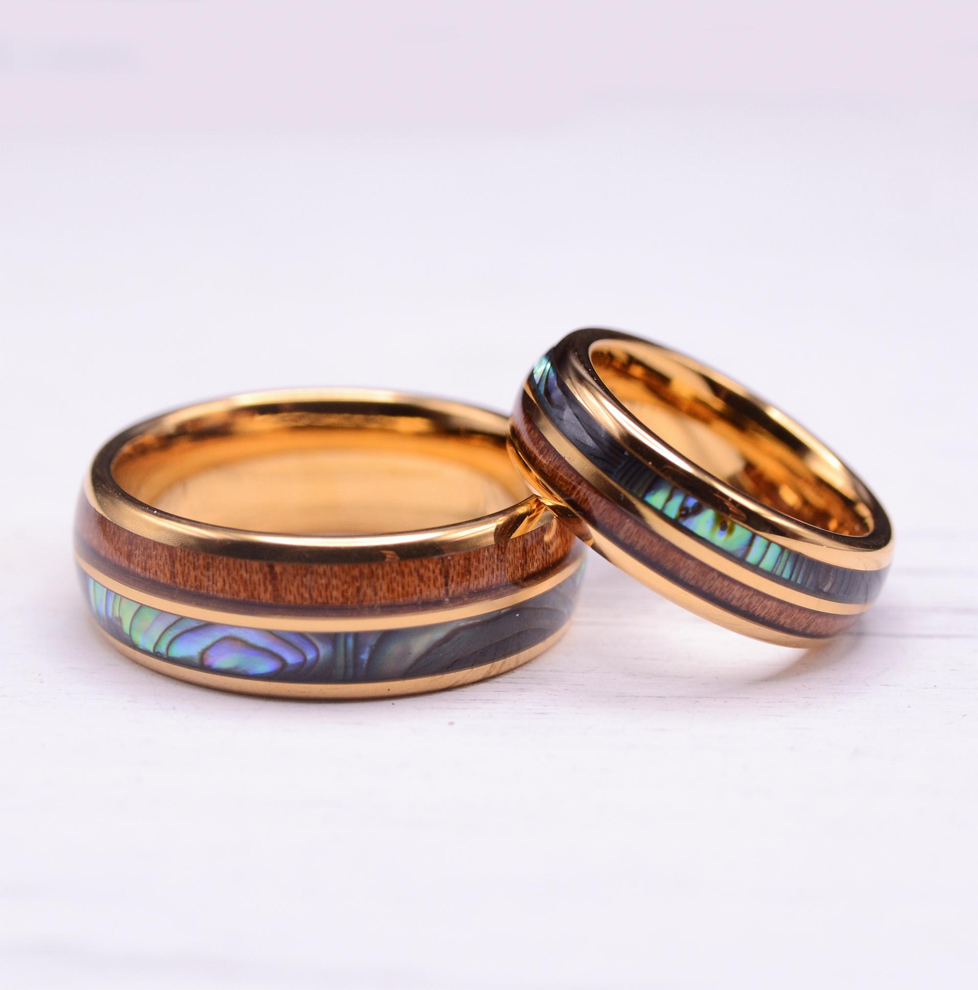 Aurora Yellow Gold Tungsten and Cedar Wood Inlay Bands | Wedding Ring Sets His and Hers- Wood Wedding Band Set