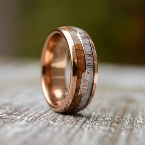 Mens Wedding Band - Tungsten Ring With Antler And Koa Wood Inlay Sleek Feathered Arrow-Wood Wedding Band, Wood Wedding Band For Men