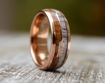 Mens Wedding Band - Tungsten Ring With Antler And Koa Wood Inlay Sleek Feathered Arrow-Wood Wedding Band, Wood Wedding Band For Men