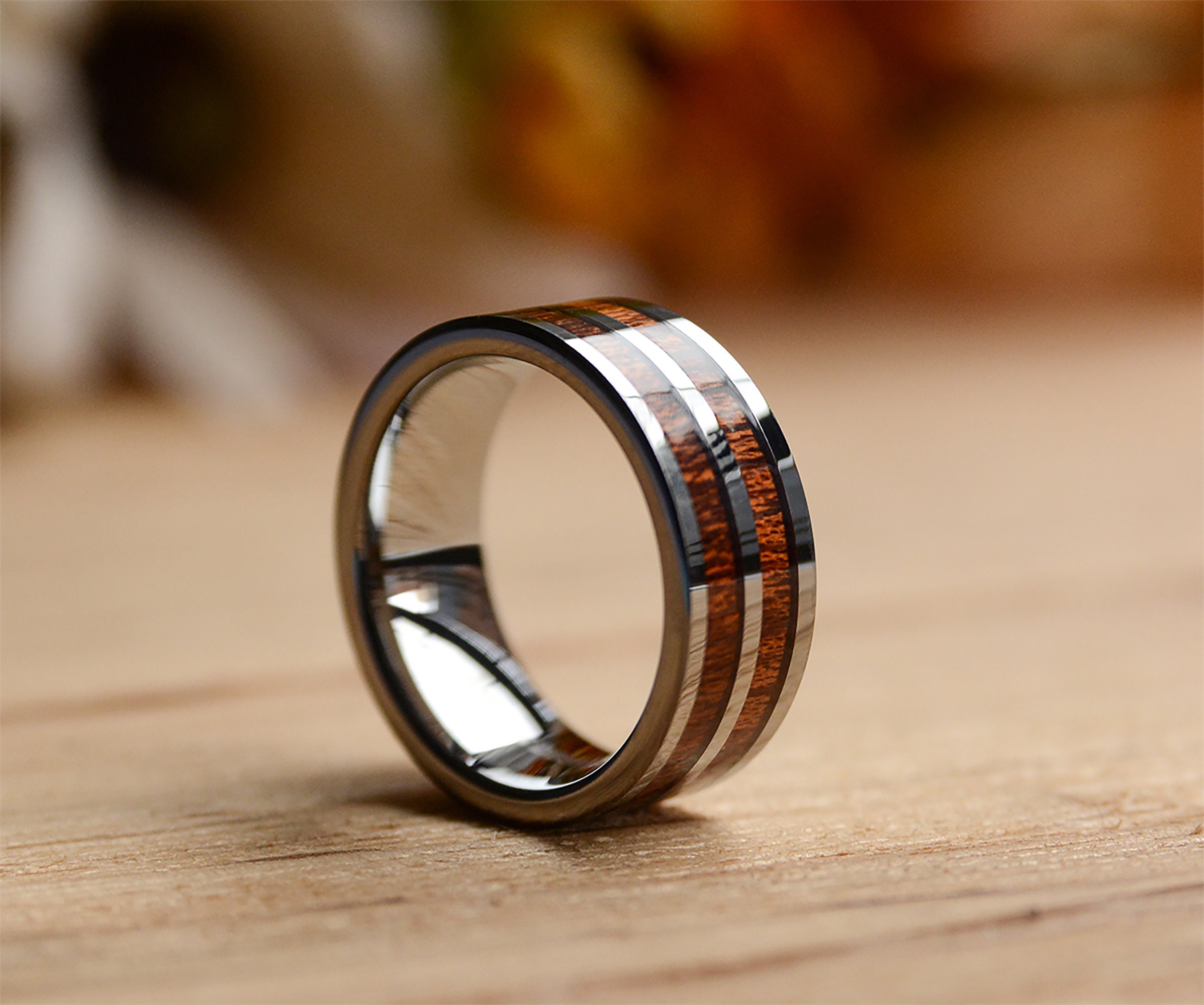 Mens Wedding Ring: 8mm Two Koa Wood Inlay Tungsten Wood Ring | Etsy
