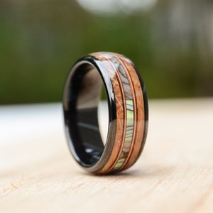 Wooden Rings -8mm Abalone Shell and Wood Inlay Black Tungsten Wood Ring, Wood Wedding Band For Men