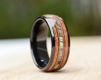 Wooden Rings -8mm Abalone Shell and Wood Inlay Black Tungsten Wood Ring, Wood Wedding Band For Men