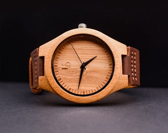 Reloj minimalista de madera de bambú personalizado/grabado con banda de cuero de primera calidad, regalos personalizados para él, regalos para él, regalos de Navidad