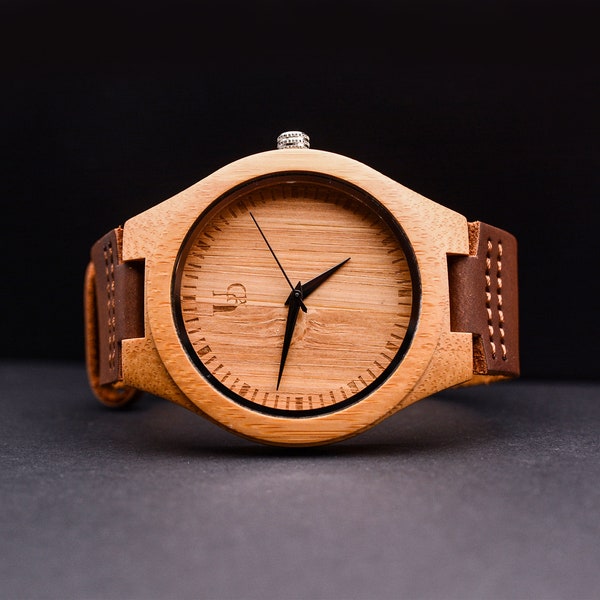 Minimalistisch gepersonaliseerd/gegraveerd bamboe houten horloge met premium lederen band, gepersonaliseerde cadeaus voor hem, cadeaus voor hem, kerstcadeaus