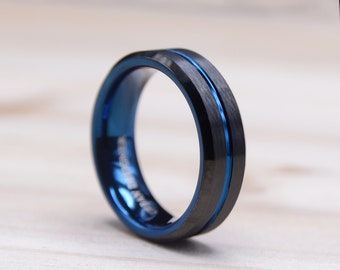 6mm Dark Tungsten Wedding Band for Women and Men with Striking Blue Accents, Wedding Ring for Men, Wedding Band For Women
