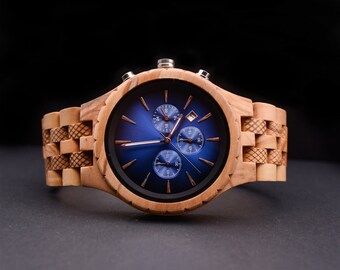 Mens Watch, Mens Natural Wood Watch With Blue Face, Wooden Watch, Groomsmen Watch, Engraved Watch, Anniversary Gifts For Boyfriend