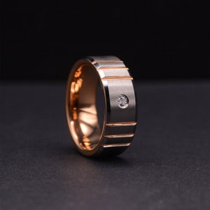 8mm Tungsten Diamond Wedding Rings for Men With Rose Gold Plated Inlay, Mens wedding band