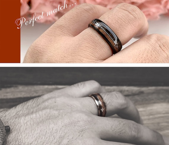 Match His and Hers Rose Gold Tungsten Rings with Meteorite and Wood Inlay-Wood Wedding Bands, Wedding Ring Sets, Wedding Band Sets