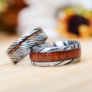 Match His and Hers Damascus Steel Wedding Band Sets with Koa Wood Inlay, Wedding Band Sets, Wedding Ring Set, Promise Rings For Couples