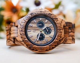 Anniversary Gifts For Men - Chronograph Zebra Wooden Watch For Men Anniversary Gift For Husband Valentines Day