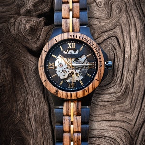 Wooden Watch For Men Premium Eco-Friendly Mechanical Zebra Wood Watch, Mens Skeleton Watch, Gift for him, Husband gift, Dad gifts