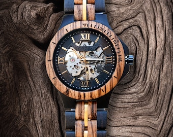 Wooden Watch For Men Premium Eco-Friendly  Mechanical Zebra Wood Watch, Mens Skeleton Watch, Gifts for him, valentine's day gifts for him