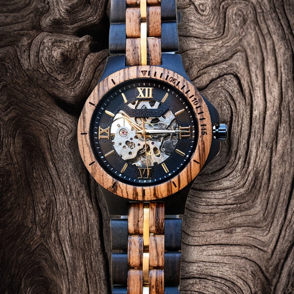 Wooden Watch For Men Premium Eco-Friendly Mechanical Zebra Wood Watch, Mens Skeleton Watch, Gift for him, Husband gift, Dad gifts