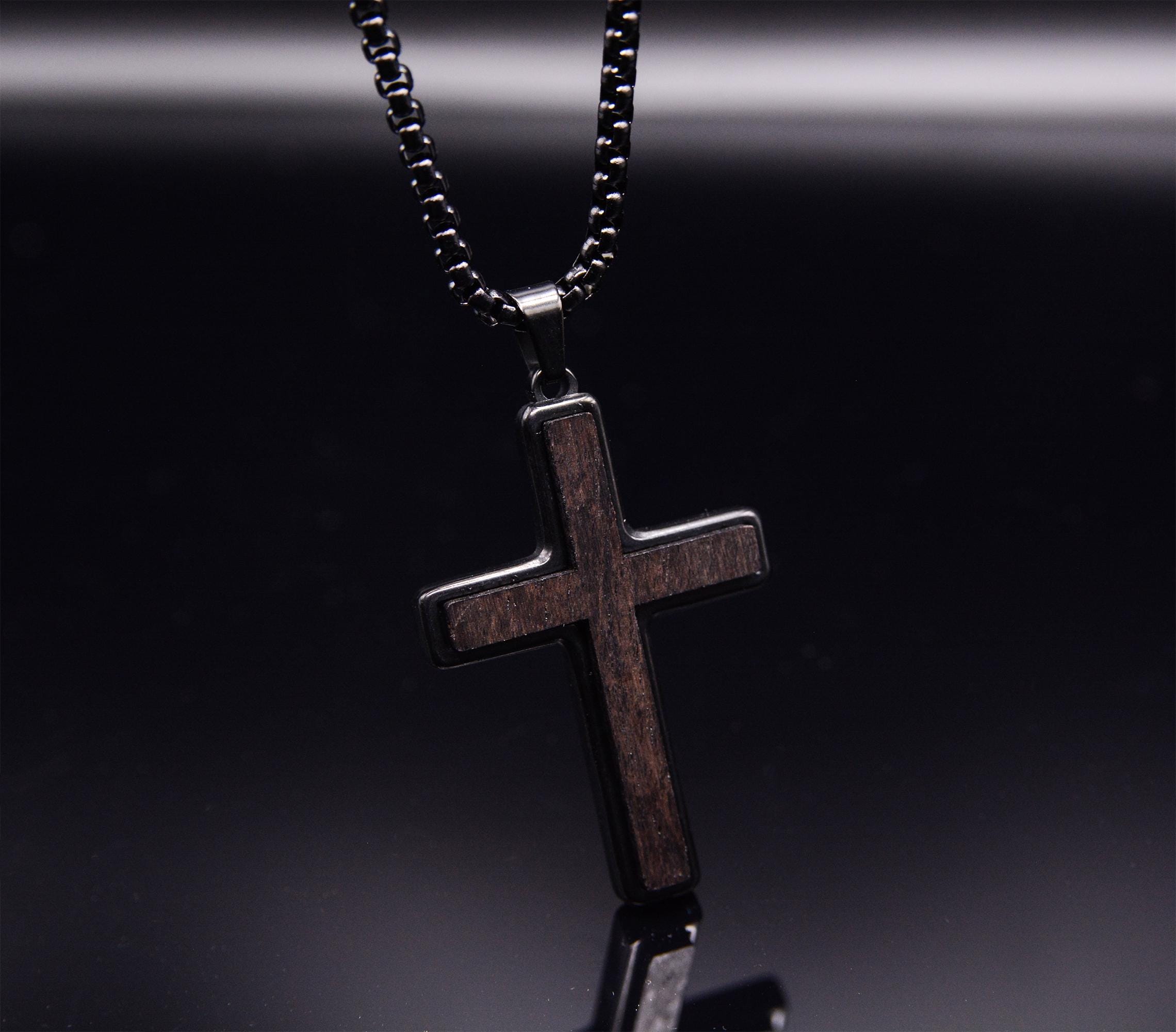 Men's Stainless Steel & Wood Cross Pendant Necklace – 50cm Black Leather Choker