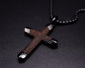 Stylish Symbol of Faith Dark Cross Necklace For Men- Mens Pendant Necklace-Wood Necklace Pendants for Men, 5 year anniversary gifts
