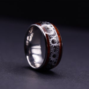 10mm Steampunk Gear Wheel Tungsten Ring Koa Wood Inlay Domed Polished Comfort Fit, Mens Wedding Rings, Wooden Rings