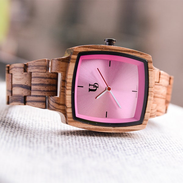 Womens Zebra Square Wood Watch With Pink Face/Swiss Movement,  Mothers Day Gifts, Gift for Her, Anniversary Gifts For Her
