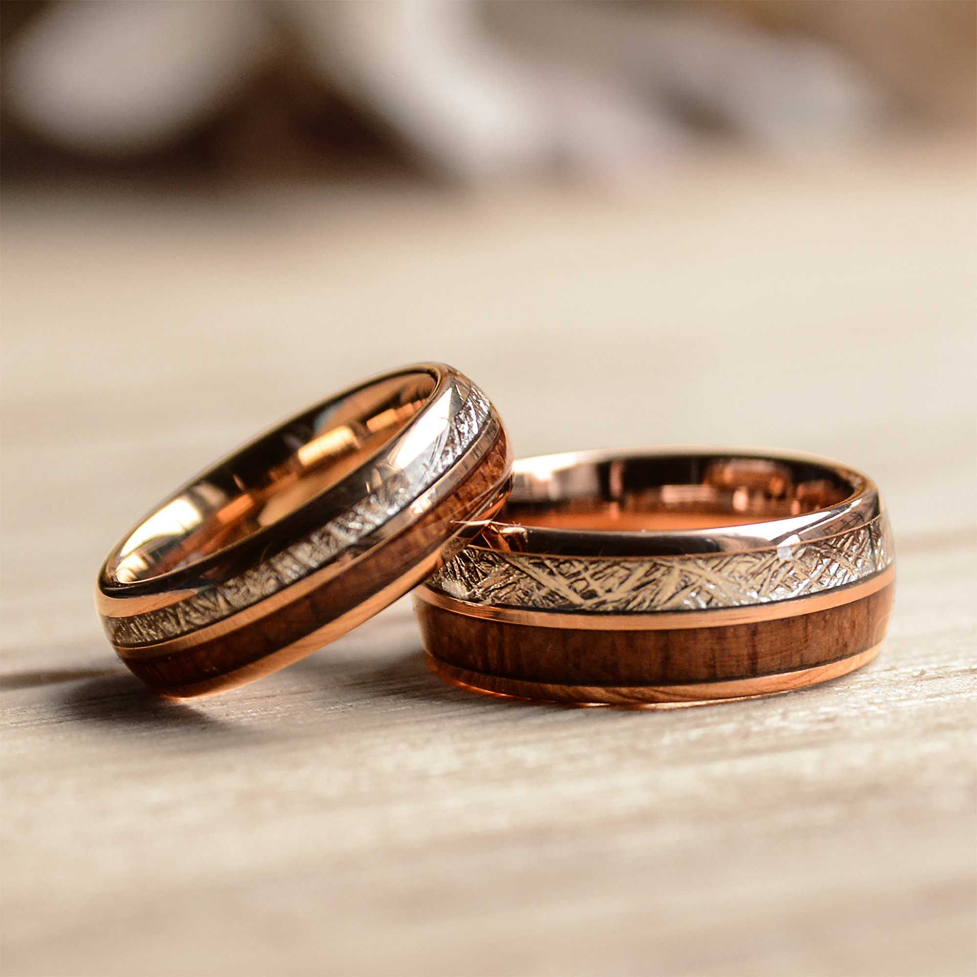Match His and Hers Rose Gold Tungsten Rings With Meteorite and Wood Inlay wood Wedding Band Set Wedding Band Set Rose Gold wedding Ring Set Etsy