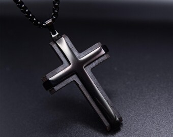 Ebon Faith Stainless Steel Men's Cross Necklace with Ebony Wood, Wood anniversary gifts, Gift for him, Gifts for Men