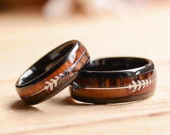 Match His and Hers Tungsten Rings with Wood Inlay and Sleek Silver Feathered Arrow-Wood Wedding Band Set, Wedding Ring Set, Wedding Band