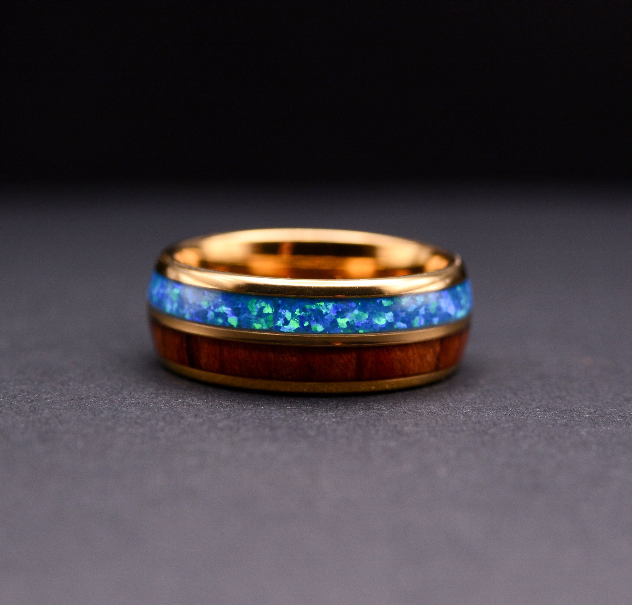 Yellow Gold Tungsten Opal Ring Opal Wood Ring Unisex Wedding Etsy