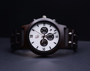 Montre gravée, Montre chronographe homme en bois avec bracelet de montre combiné en bois et en acier inoxydable, montre en bois hommes, cadeaux d’anniversaire pour hommes