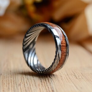 8mm Mens Wedding Band with Koa Wood Inlay and Damascus Steel Pattern Ring, Rings for men, Men rings, Mens wedding ring