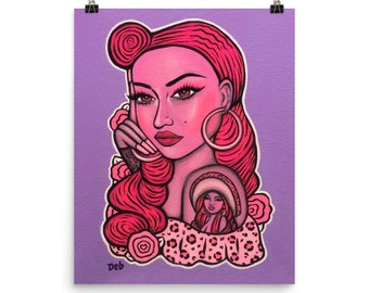 Alexandra Poster Art Print |  Purple and Red Girl Art Print, Hand Drawn Illustrations Artwork  - Deb Art