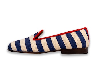 Striped White Navy Womens Slippers