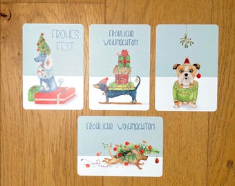 Weihnachtshunde Set, 4 Aquarelle Postkarten, Druck  A6