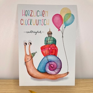 Schnecke herzlichen Glückwunsch nachträglich zum Geburtstag - Aquarelle Postkarte, Druck  A6