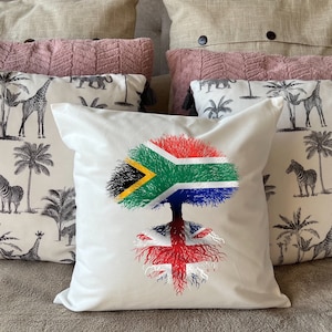 United Kingdom roots / South African Tree - Plush white deluxe 'soft feel' scatter cushion. ( 40x40cm ) Flag Art.