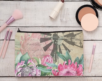 Make up bag Pencil case Karoo Windpomp and Protea design linen cosmetics or pencil case