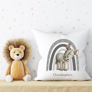 Personalised Baby Rhino plush white deluxe 'soft feel' scatter cushion. ( 40x40cm ). Nursery decoration. Baby Gift. Baby Safari animals.