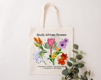 South Africa flowers reusable bag. Protea Strelitzias Daisy Canvas Tote. Mother’s Day gift. Spring gift.