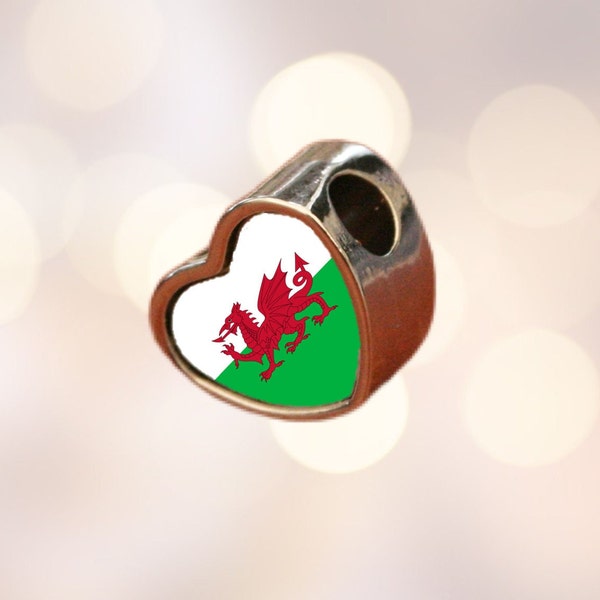 Cymru Wales Welsh dragon Flag heart charm bead Personalised Charm Add on charm Large hole bead Valentine’s gift for mom mum